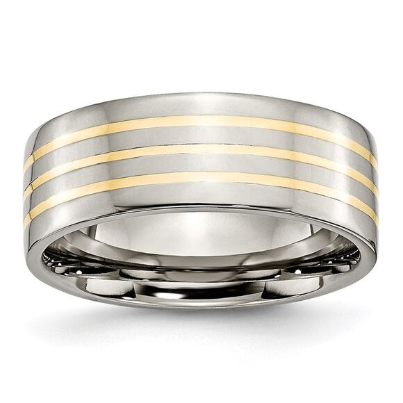 Kazi Luxury Chisel Titanium Polished with 14k Yellow Gold Inlay 8mm Flat Band